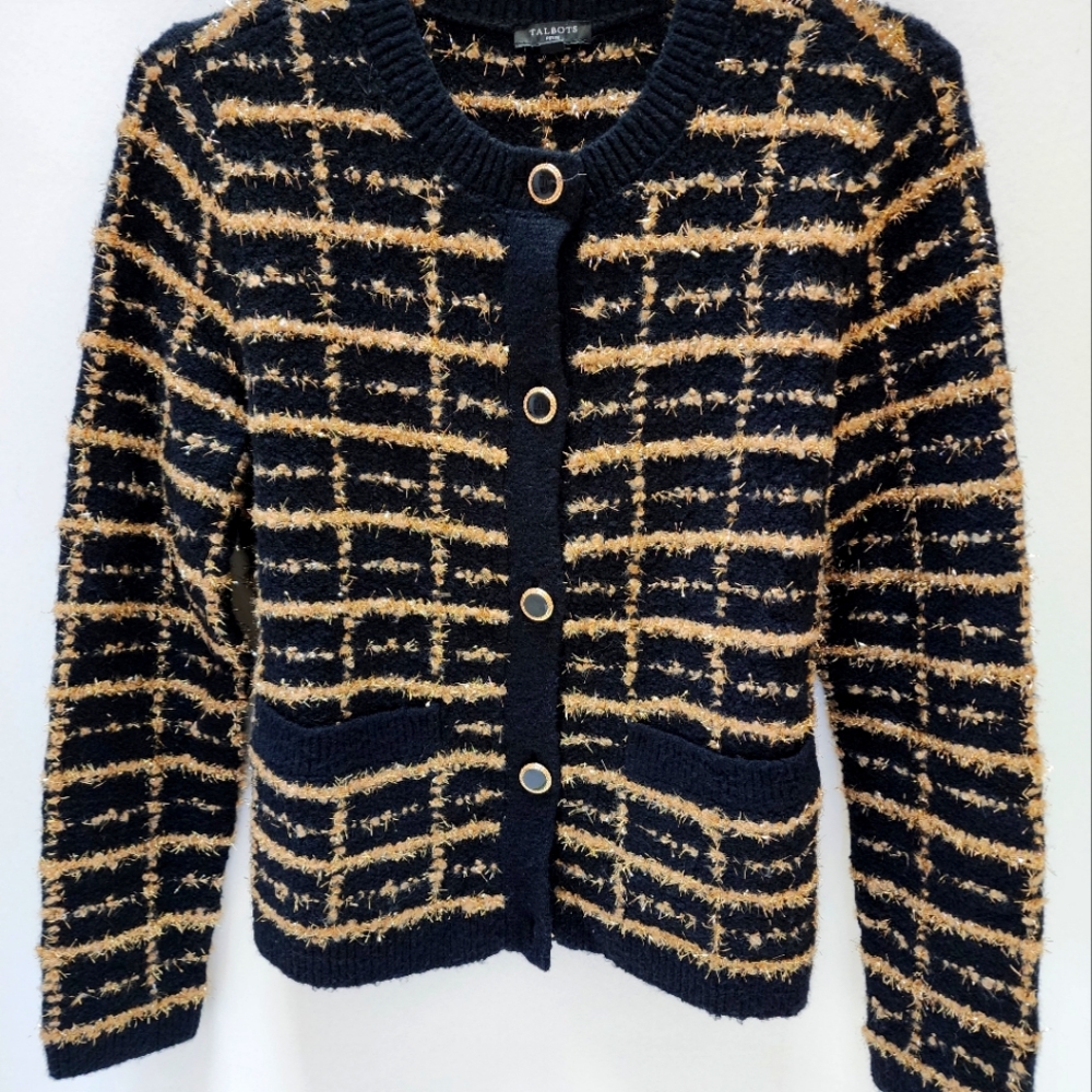 TALBOTS DRESSY BLACK CARDIGAN WITH GOLD METALLIC THREADS NEW WITHOUT TAG PS.